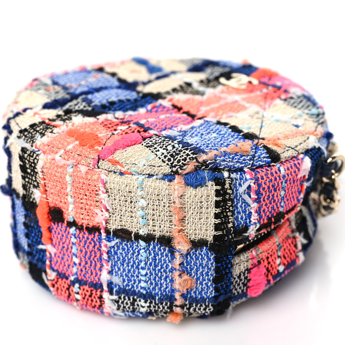 Tweed Quilted Round Clutch With Chain Blue Orange Multicolor