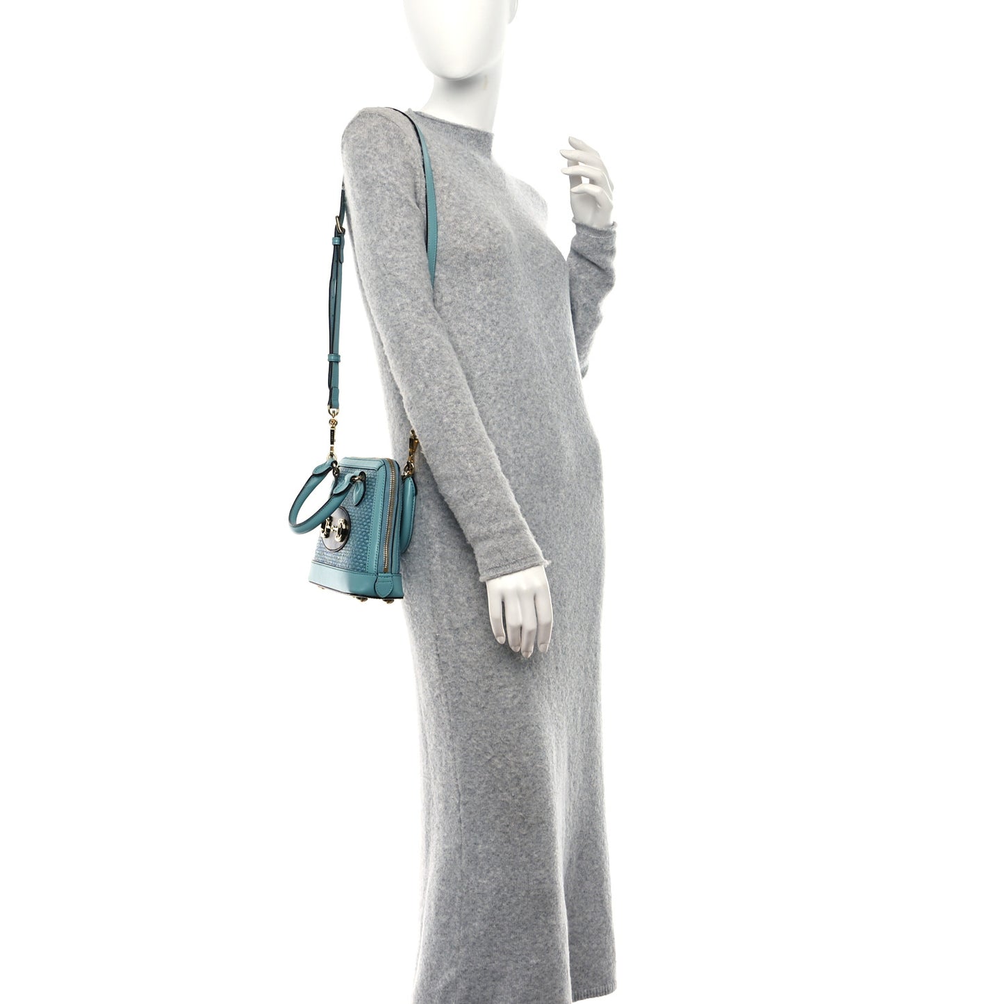 Straw Azalea Calfskin Woven Mini Horsebit 1955 Top Handle Bag Dusty Azure Black