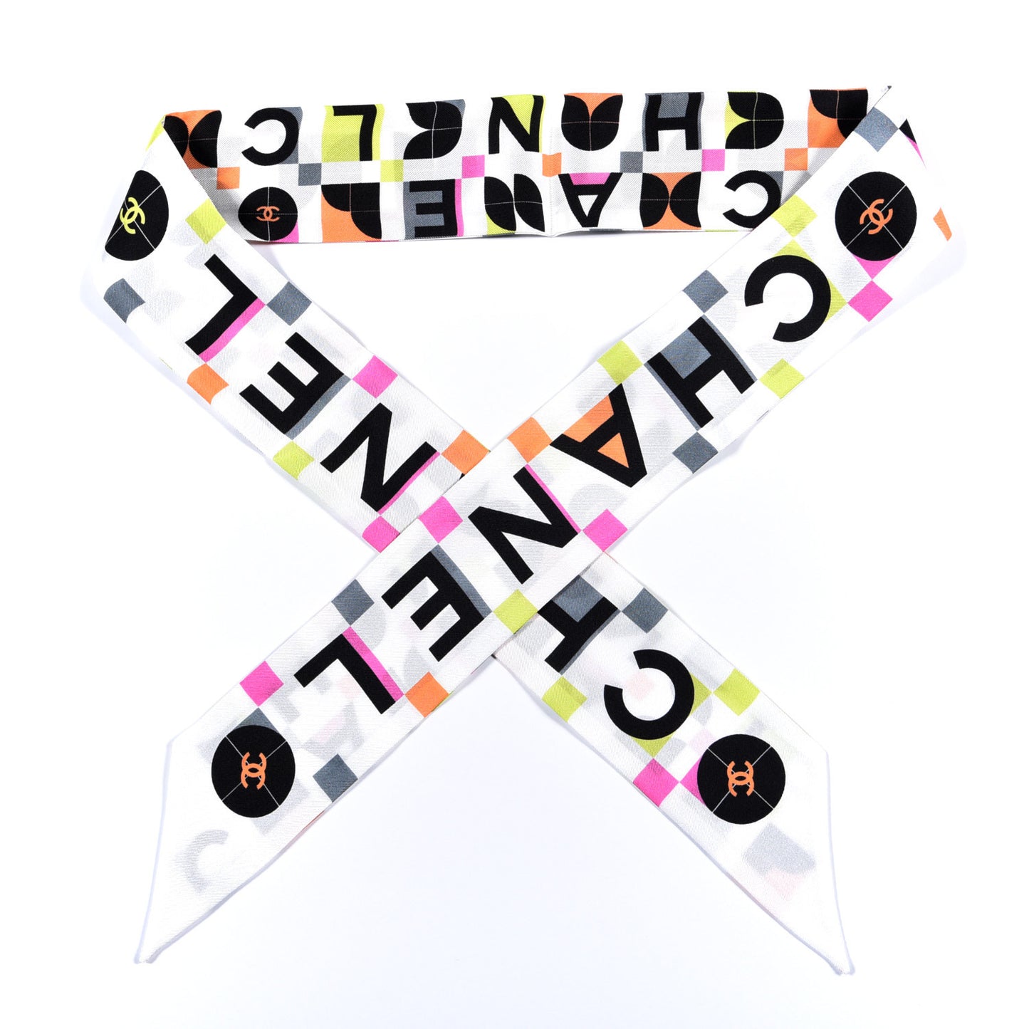 Silk Logo Slim Bandeau Scarf White Black Orange