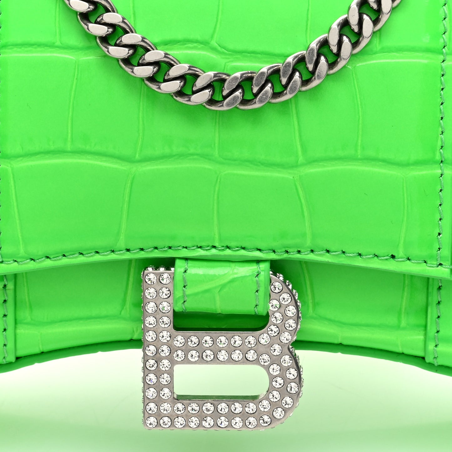 Shiny Calfskin Strass Crocodile Embossed Hourglass Chain Bag Fluo Green