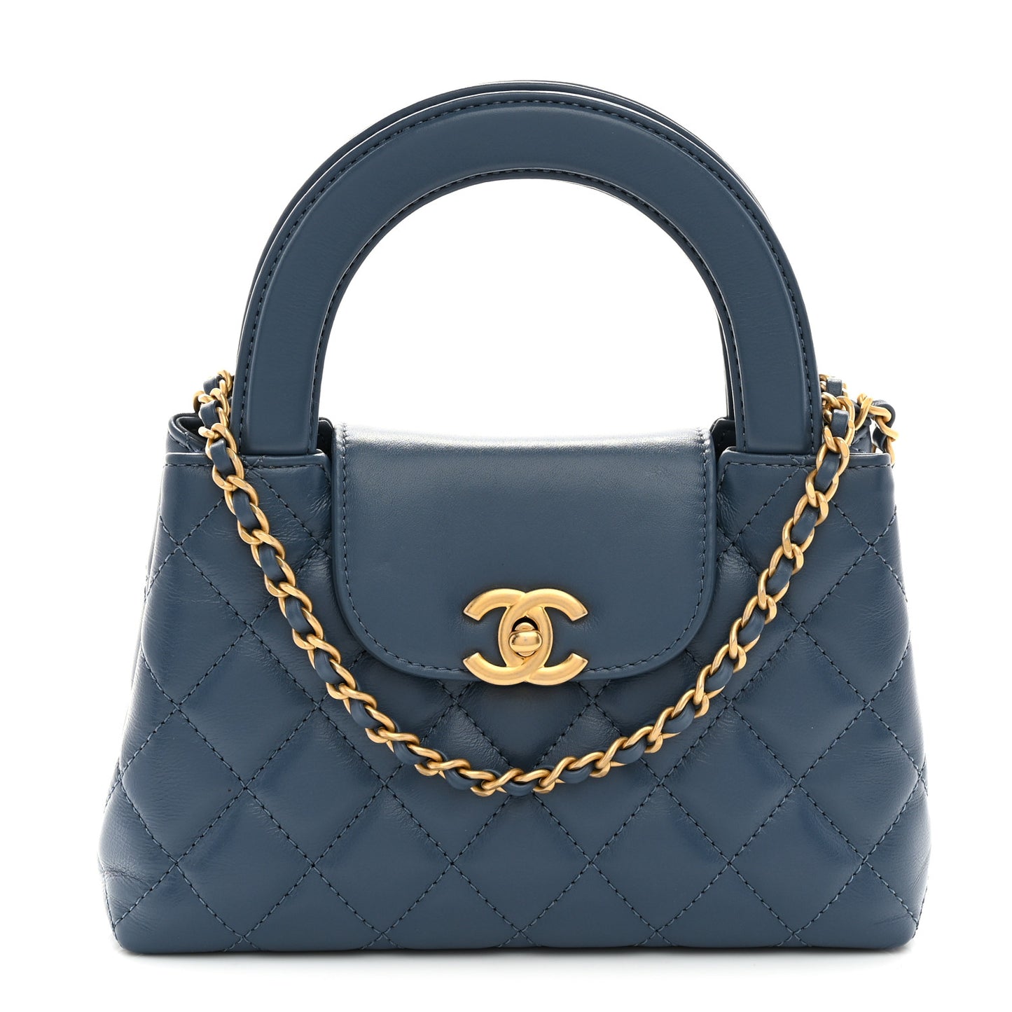 Shiny Aged Calfskin Quilted Nano Kelly Shopper Dark Blue