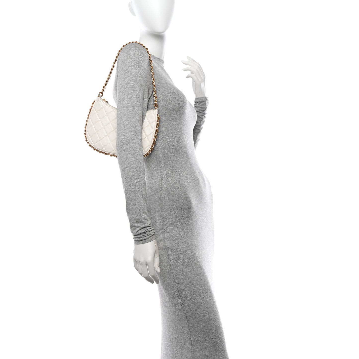 Shiny Crumpled Lambskin Quilted Trendy Chain Around Hobo White