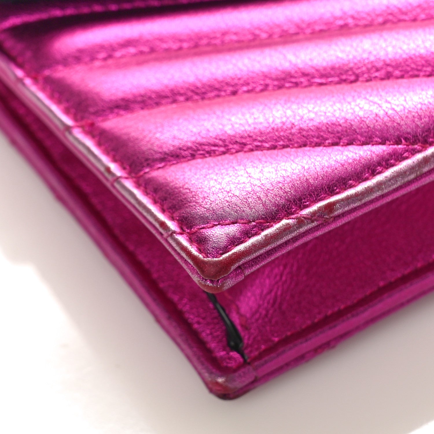 Saint Laurent Metallic Calfskin Matelasse Chevron Monogram Envelope Chain Wallet Fuchsia 7 of 10