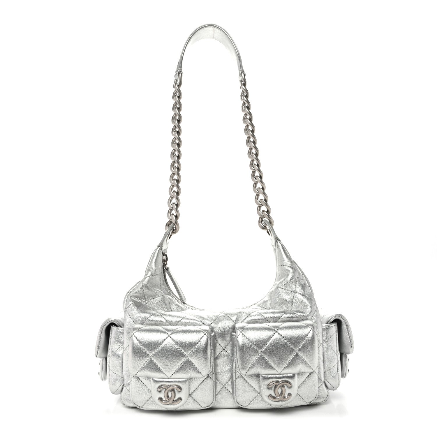 初売りセールCHANELボタン　グリポア大粒　超希少ブルー×アンティークシルバー Chanel Metallic Lambskin Quilted Trendy Pockets Hobo Silver