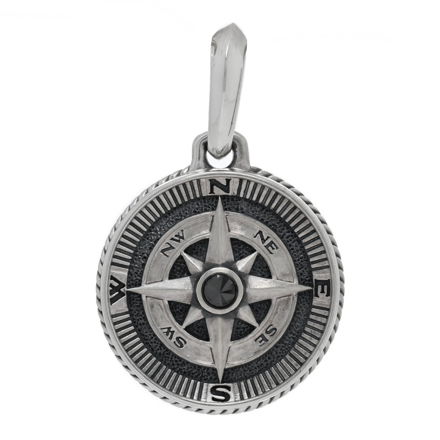 Sterling Silver Black Diamond Maritime Compass Enhancer Pendant
