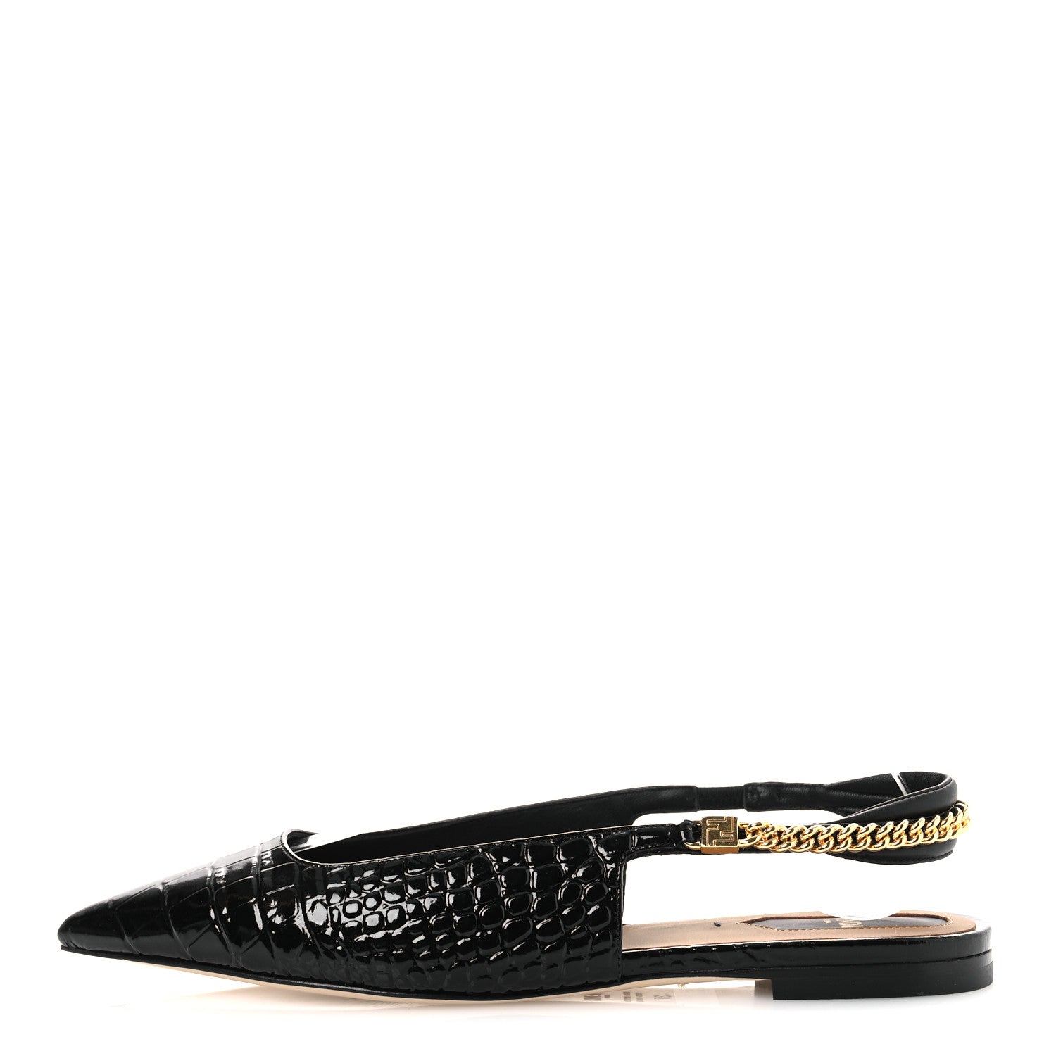 Fendi Vitello Stampa Crocodile Embossed Slingback Flats 37 Black