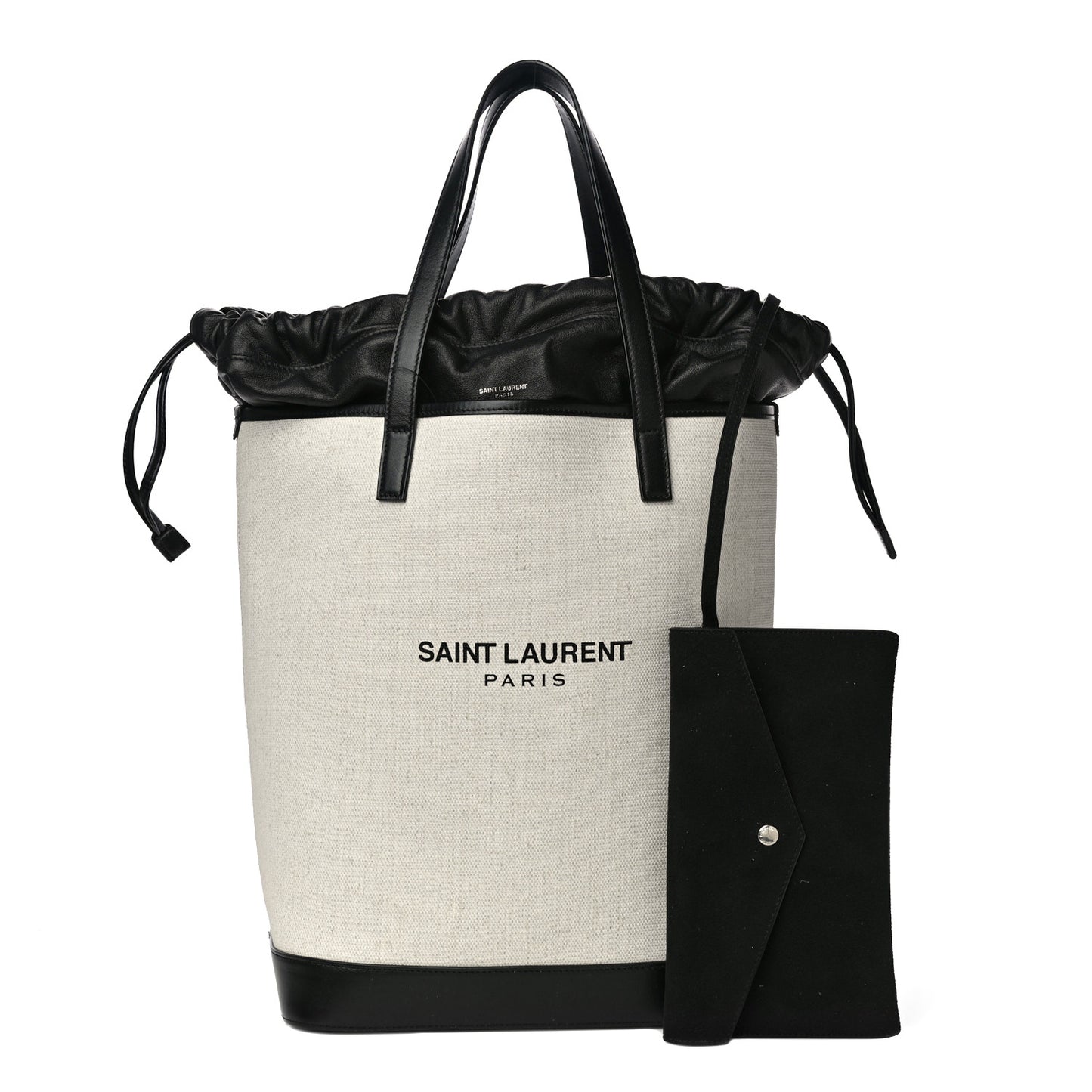 Canvas Calfskin Teddy Drawstring Shopping Tote White Black