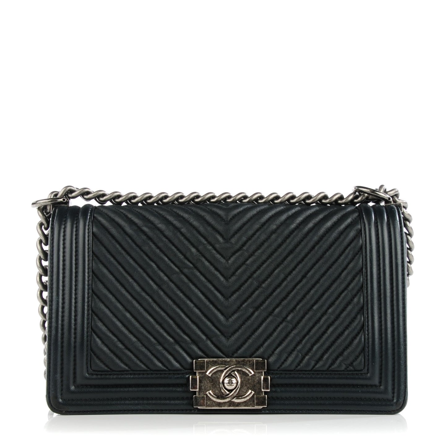 Wrinkled Lambskin Chevron Quilted Medium Boy Flap Navy