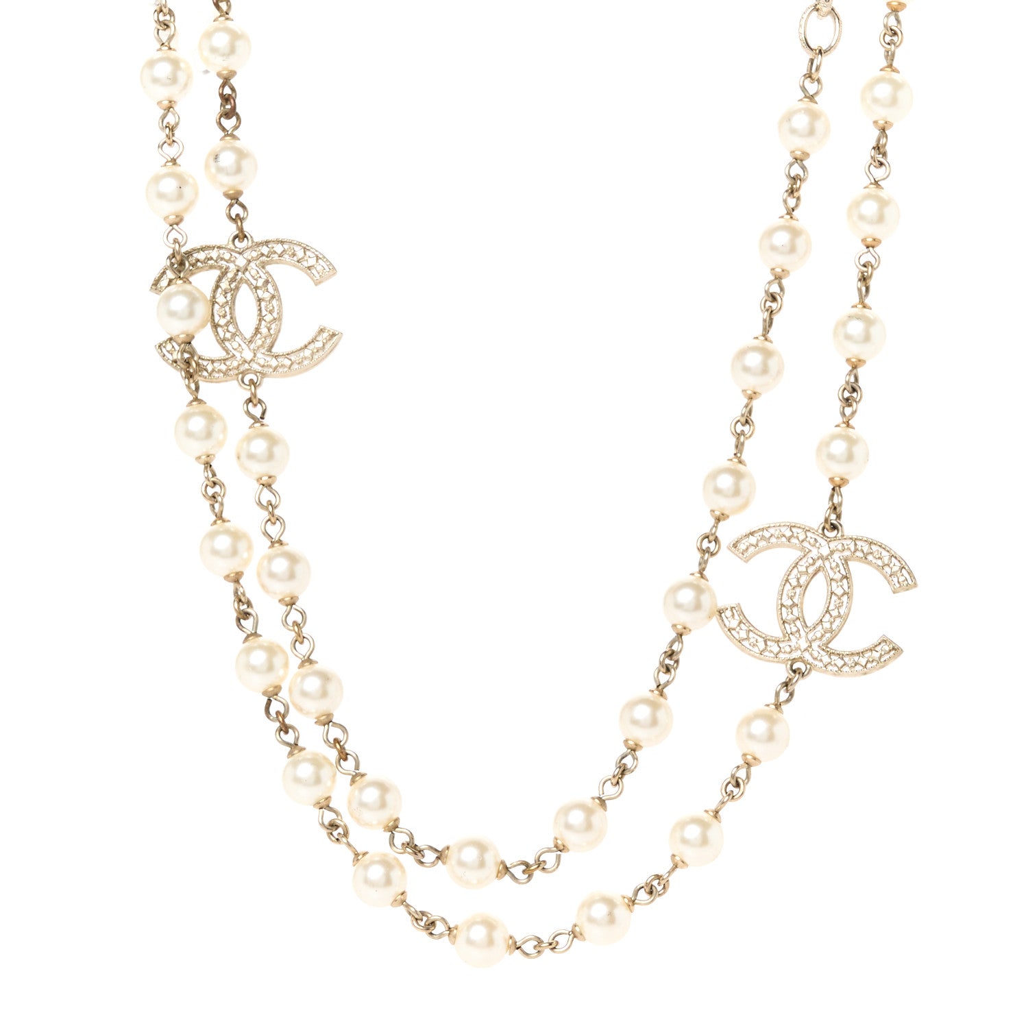 Chanel Crystal Pearl CC Long Necklace Gold 1 of 5