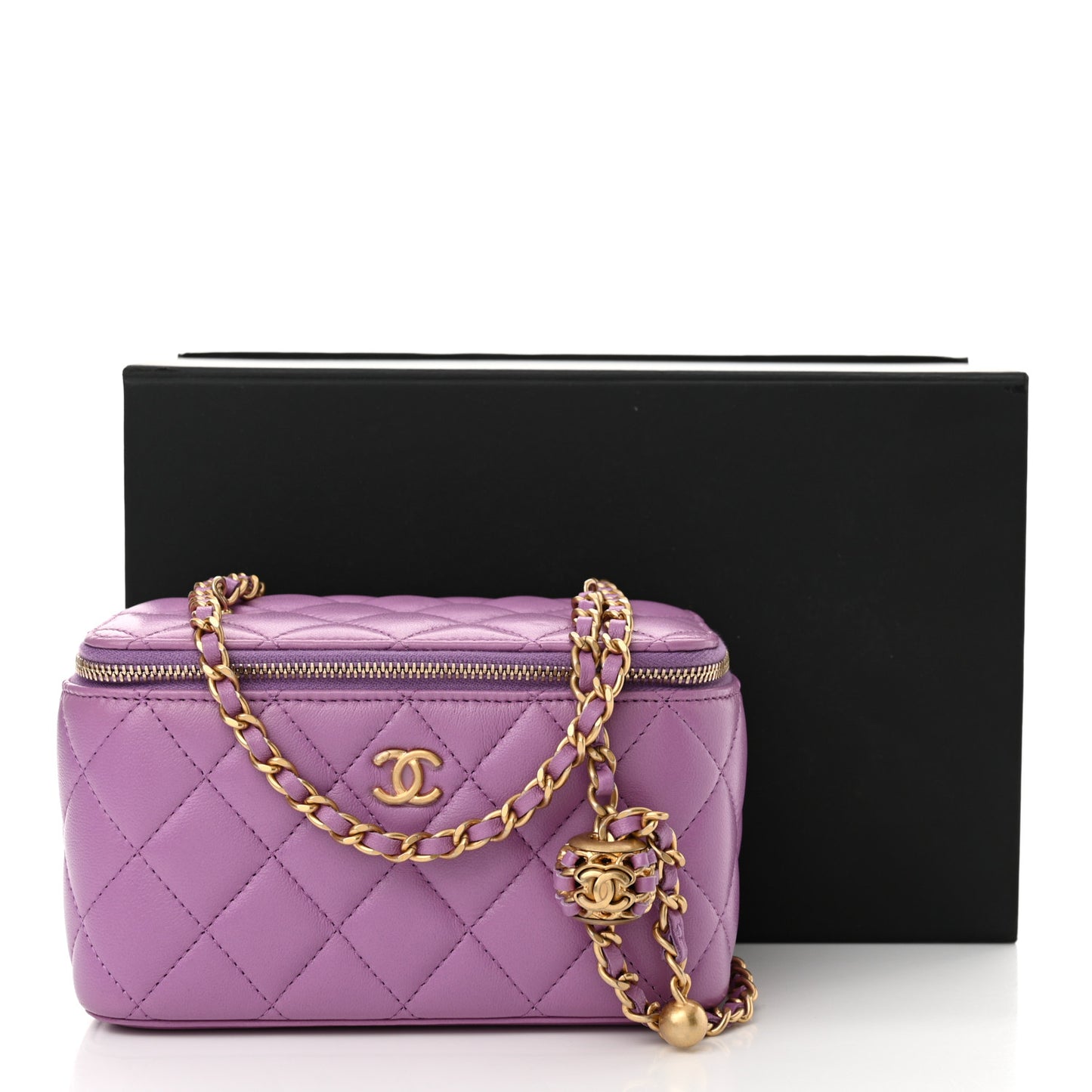 Lambskin Quilted Pearl Crush Small Vanity Case With Chain Purple