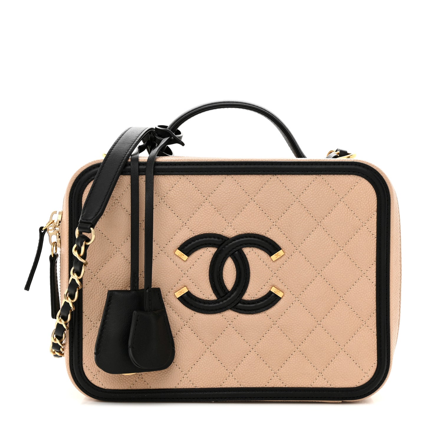 Caviar Quilted Large CC Filigree Vanity Case Beige Black