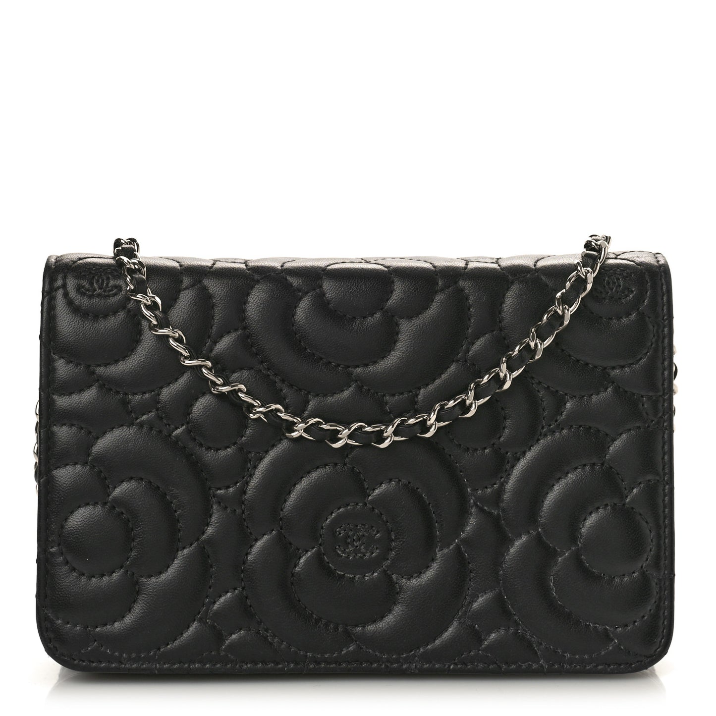 Lambskin Camellia Quilted Wallet On Chain WOC Black