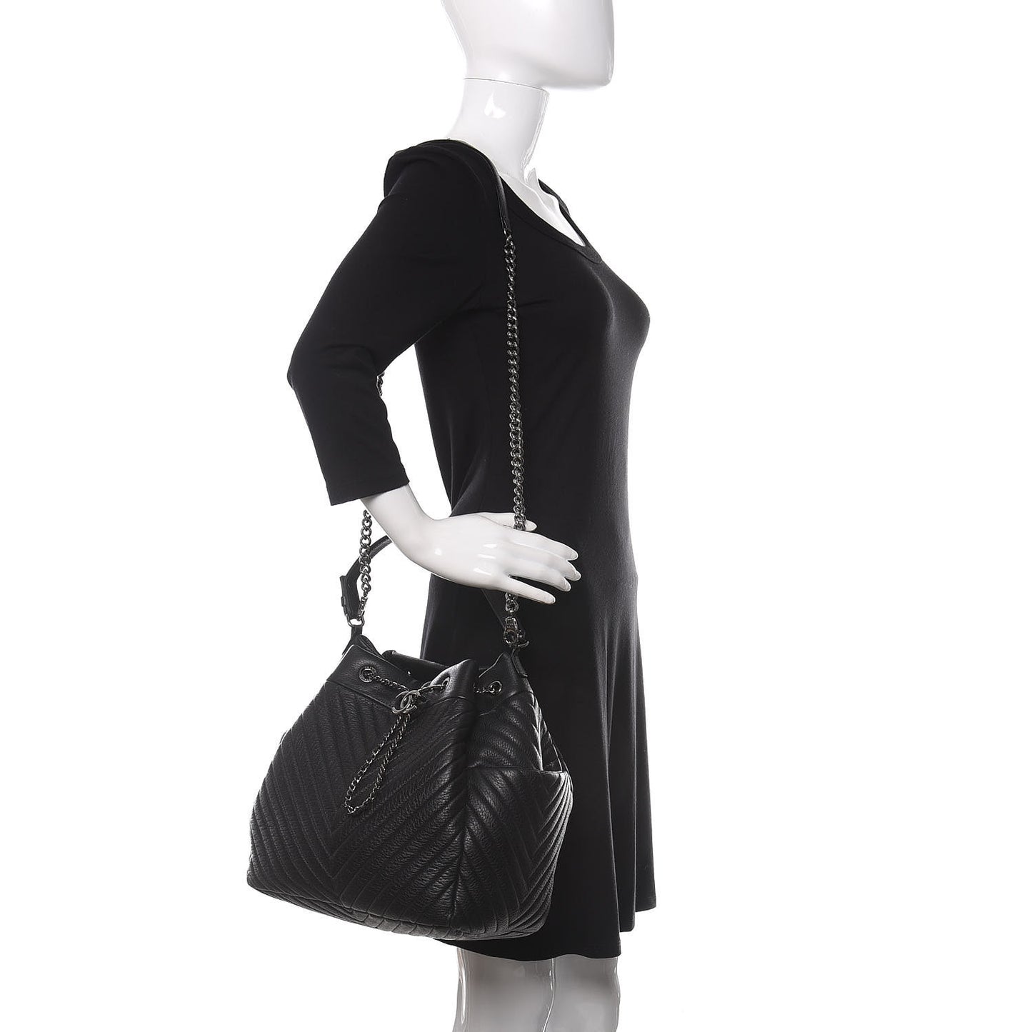 Deerskin Chevron Large CC Chain Bucket Drawstring Bag Black