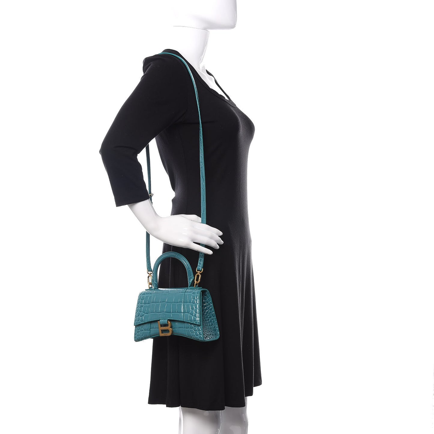 Shiny Calfskin Crocodile Embossed Hourglass Top Handle Bag XS Dark Turquoise