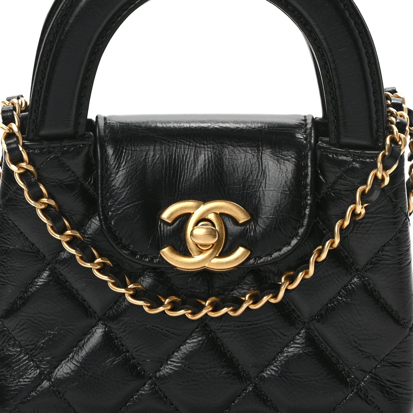 Shiny Aged Calfskin Quilted Mini Nano Kelly Shopper Black