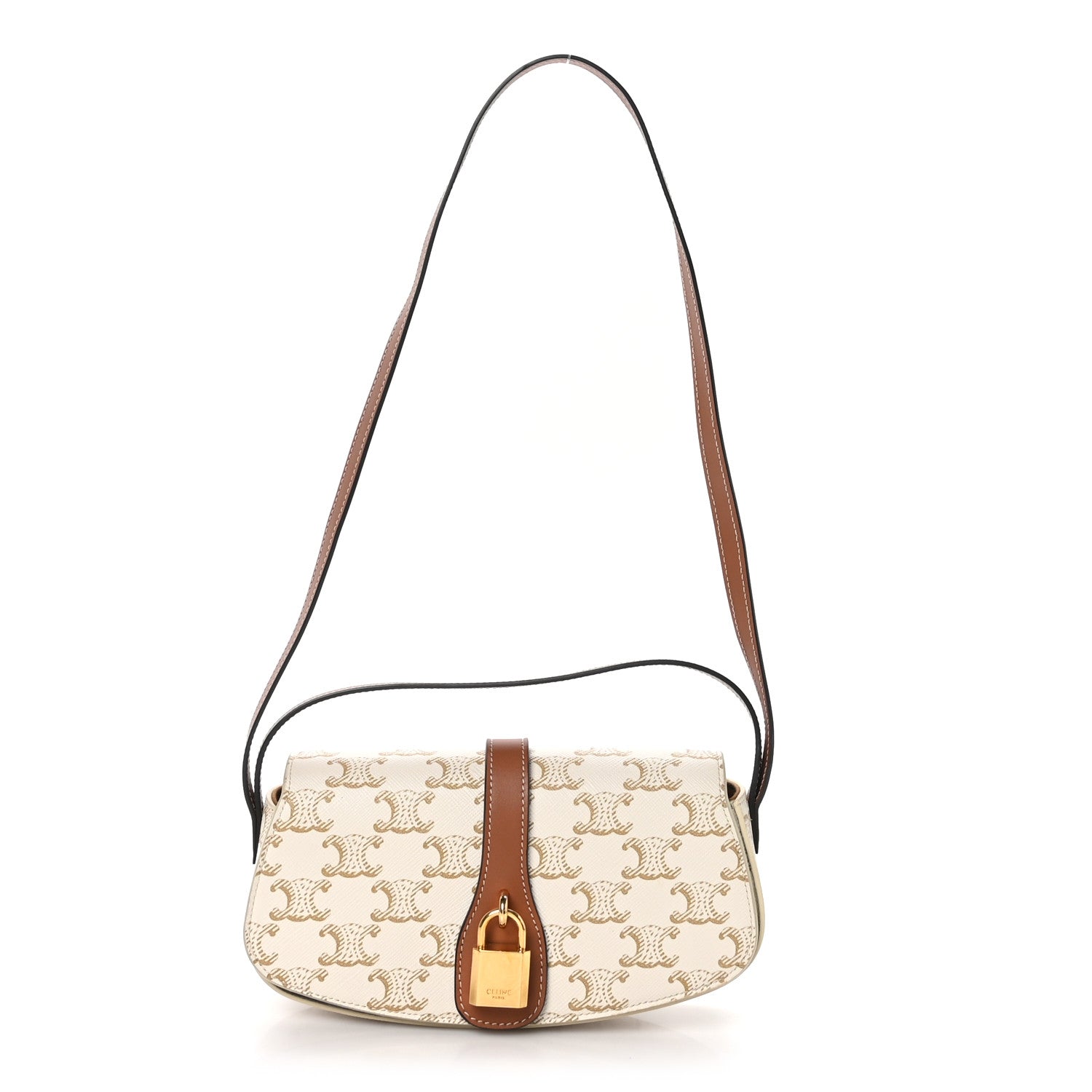 Celine Triomphe Canvas Calfskin Tabou Clutch on Strap White Tan