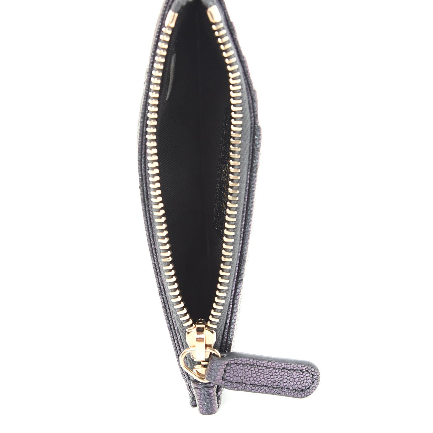 Iridescent Caviar Quilted Flap Zip Card Holder Black