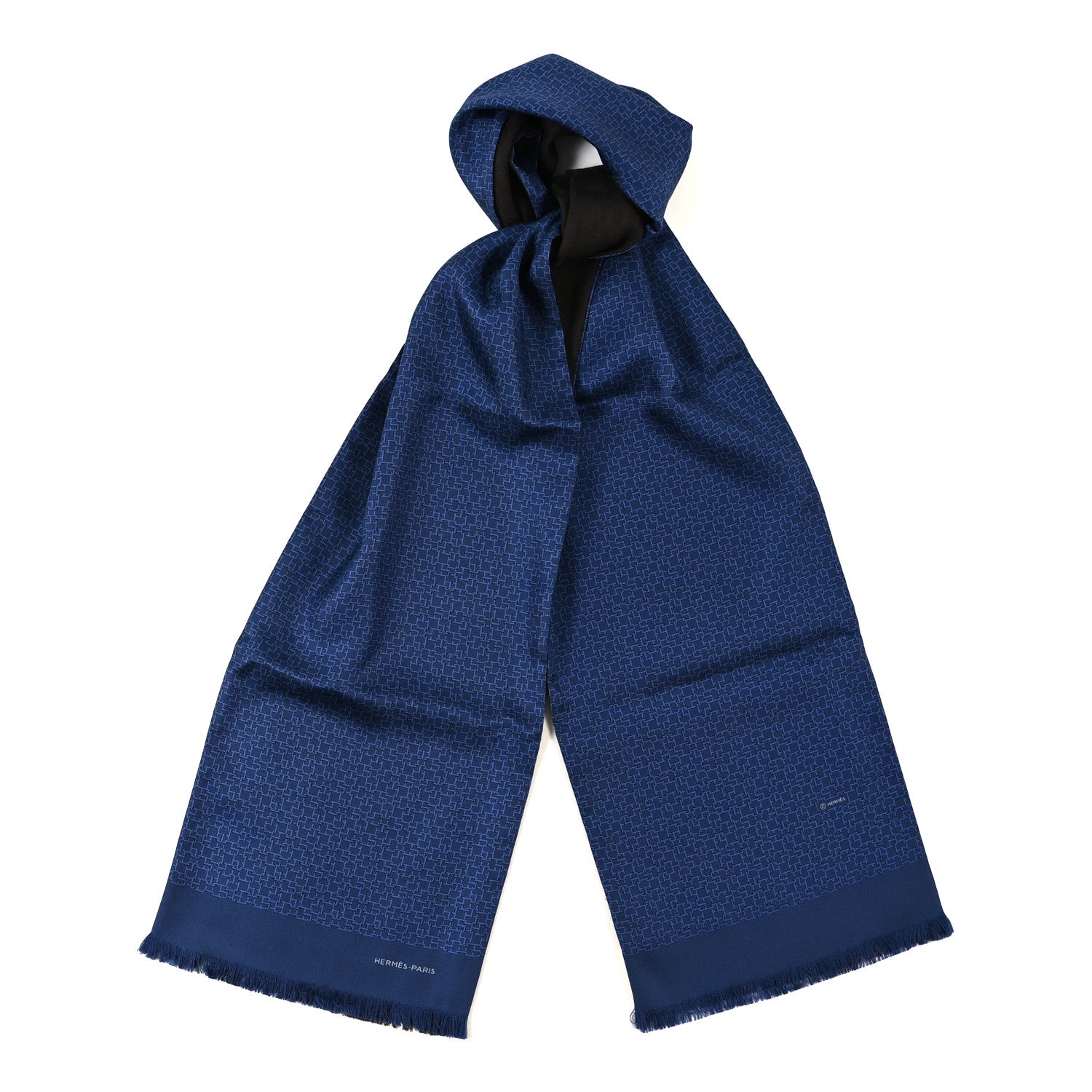 Hermes Silk Wool Cashmere Echarpe Muffler Marine Bleu Marron 1 of 5