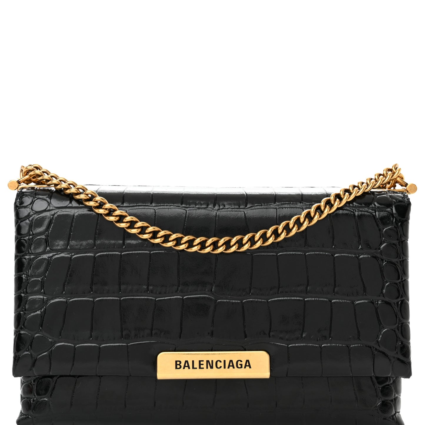 Shiny Extra Supple Calfskin Crocodile Embossed Small Triplet Bag Black