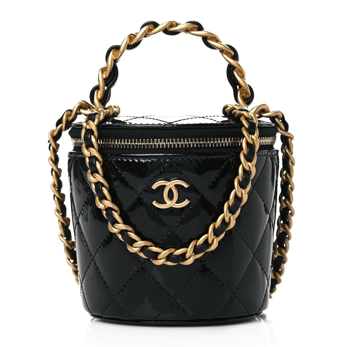 Patent Quilted Afternoon Tea Top Handle Vanity Case With Chain Black
