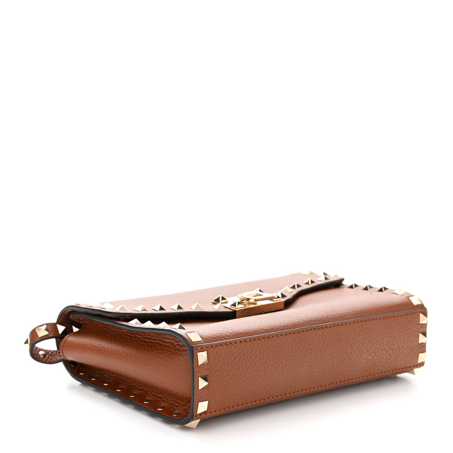 Pebbled Calfskin Medium Rockstud Flip Lock Crossbody Bag Saddle Brown