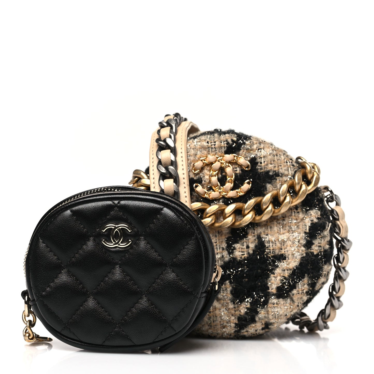 Wool Tweed Lambskin Quilted Chanel 19 Round Clutch With Chain and Coin Purse Beige Black