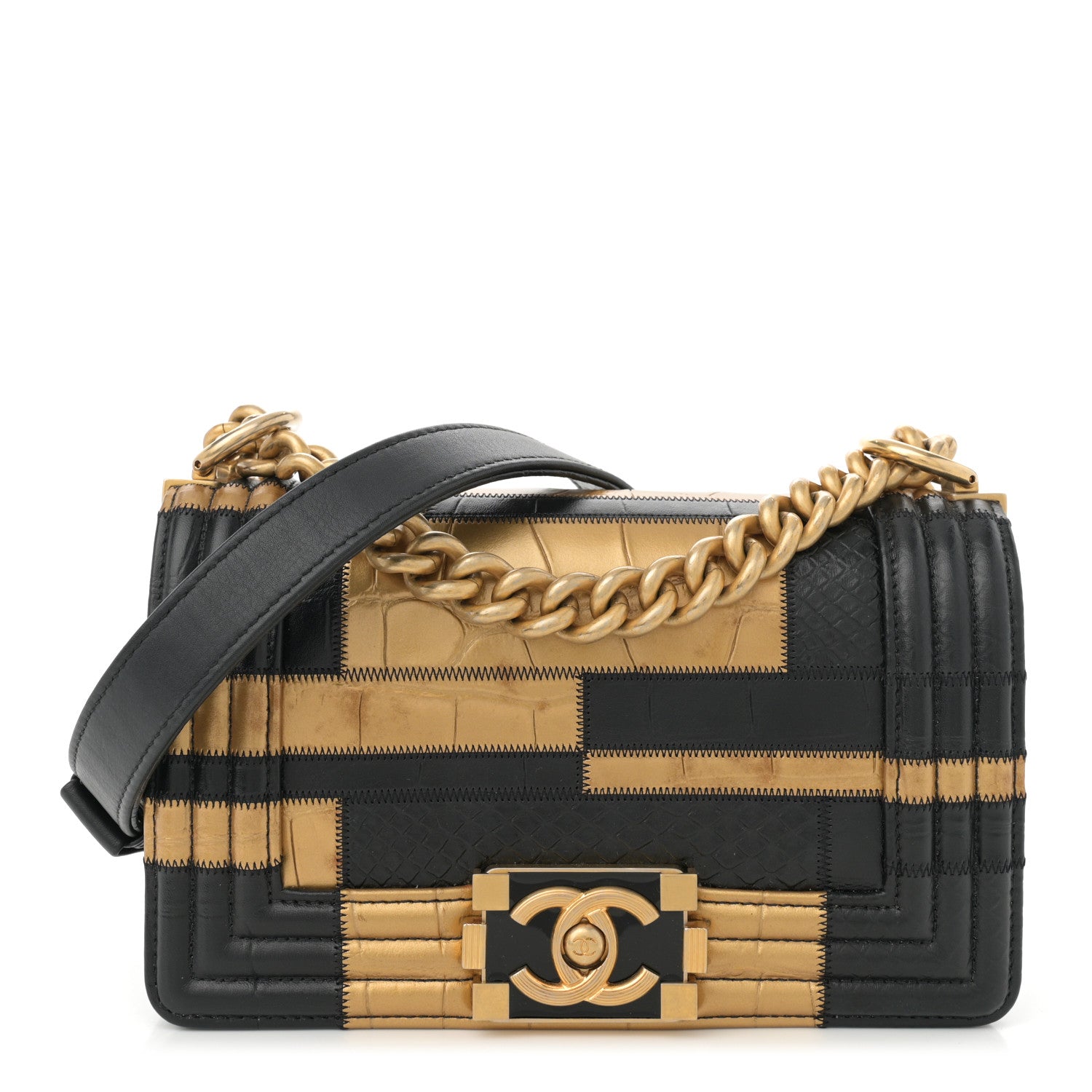 Chanel Crocodile Python Calfskin Embossed Small Boy Flap Black Gold ...