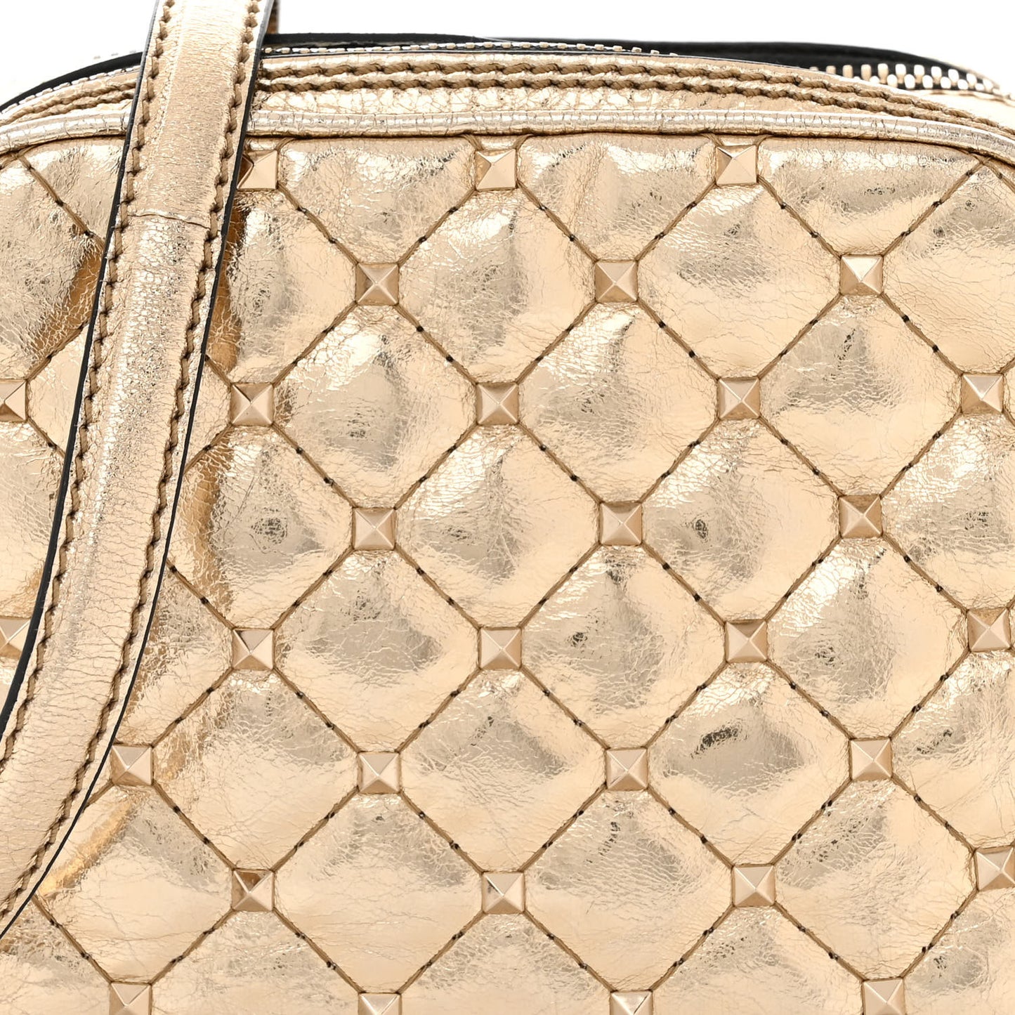 Metallic Wrinkled Lambskin Rockstud Spike Double Zip Camera Crossbody Bag Mekong