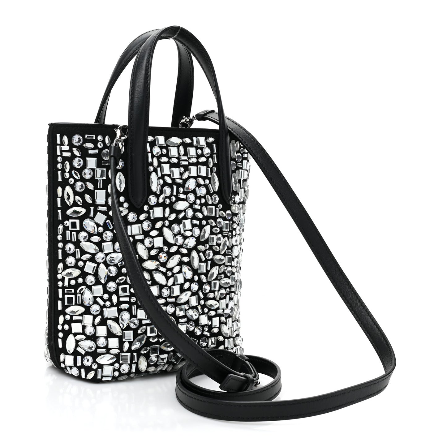 Suede Crystal Mosaic Top Handle Hobo Black