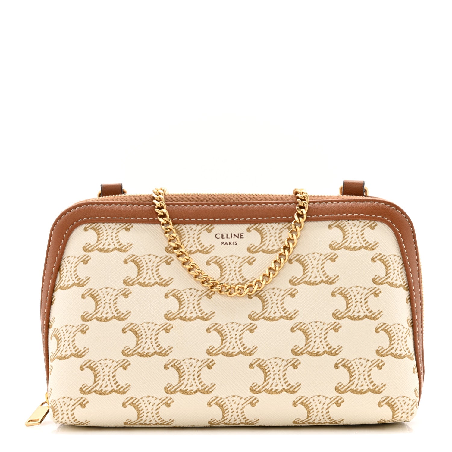 Celine Lambskin Triomphe Canvas Clutch With Chain White Tan
