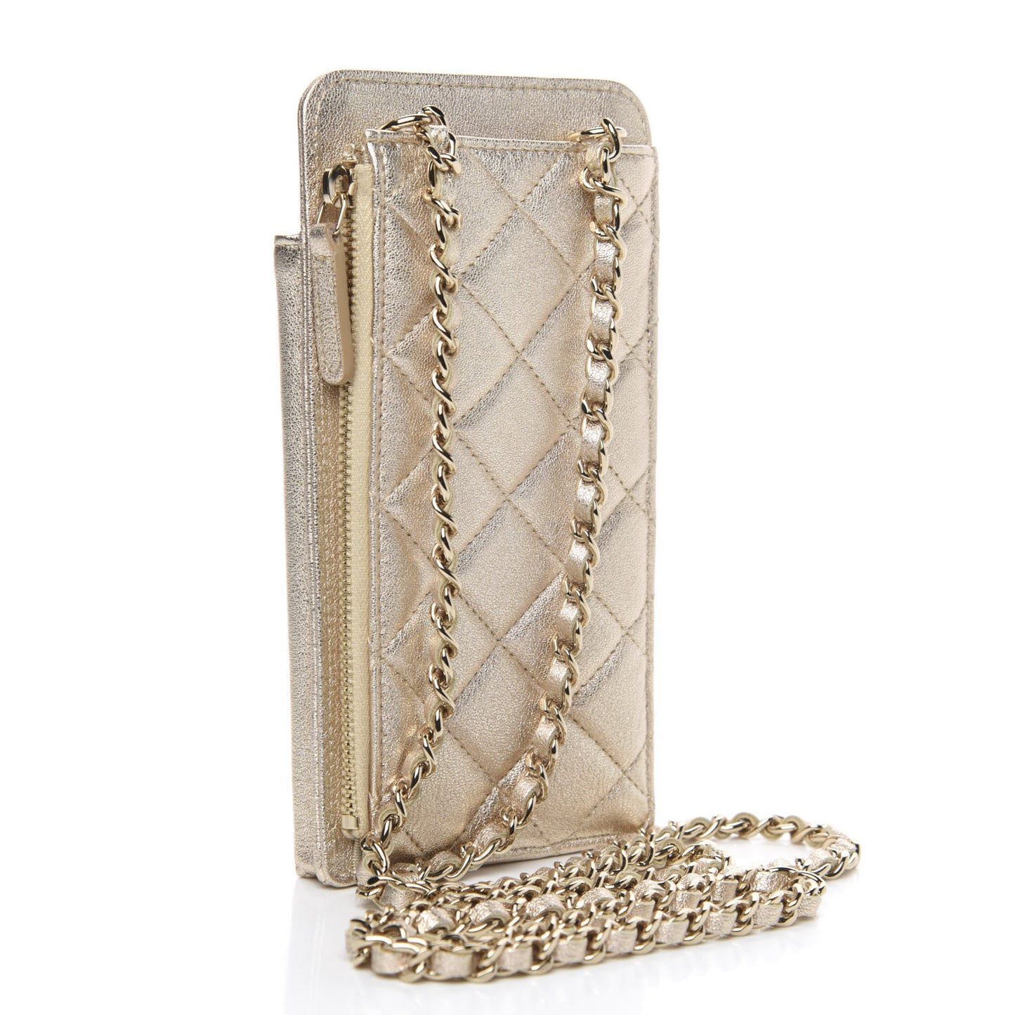 Metallic Lambskin Quilted Zip Phone Case Gold