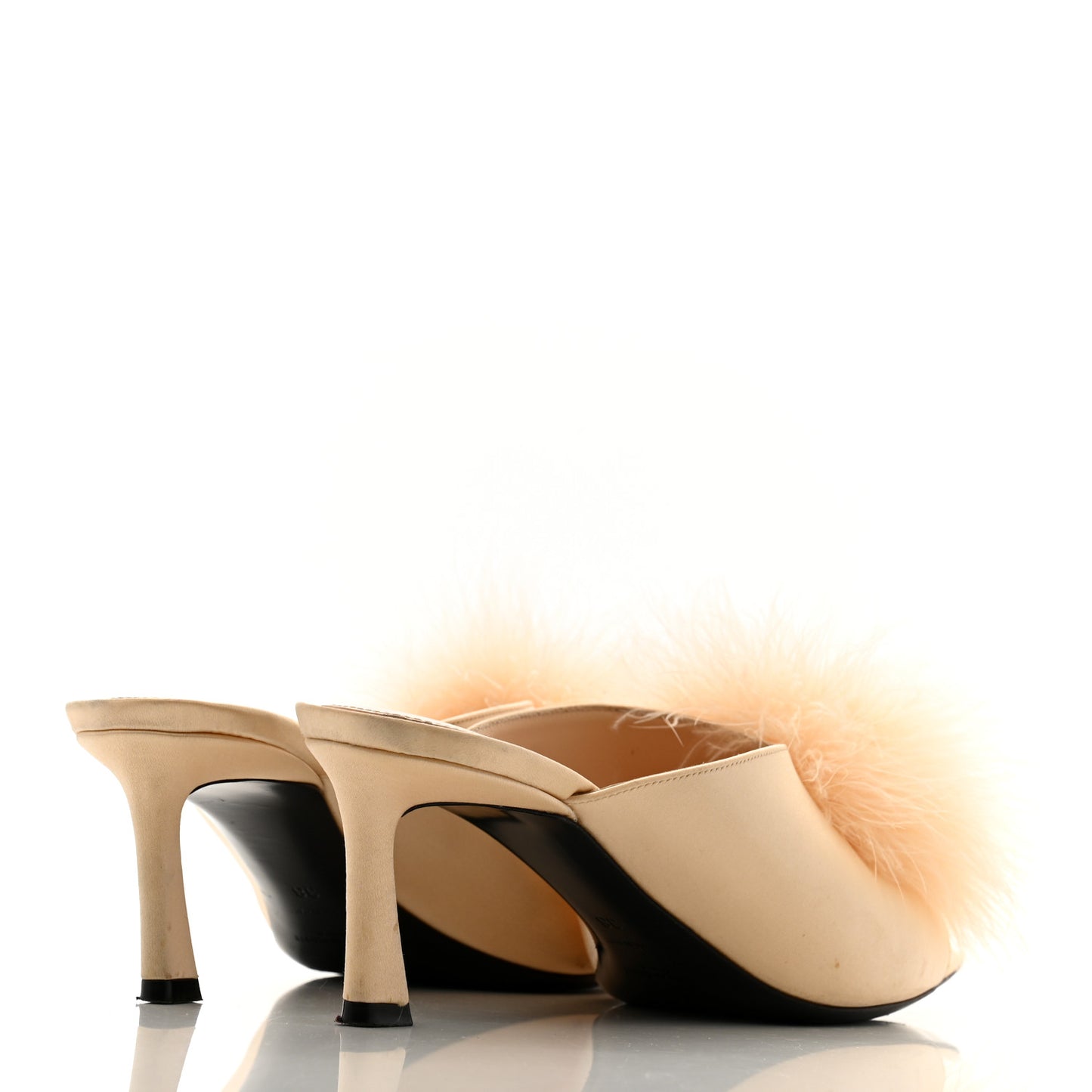 Crepe Satin Feathered Mule Sandals 38 Beige