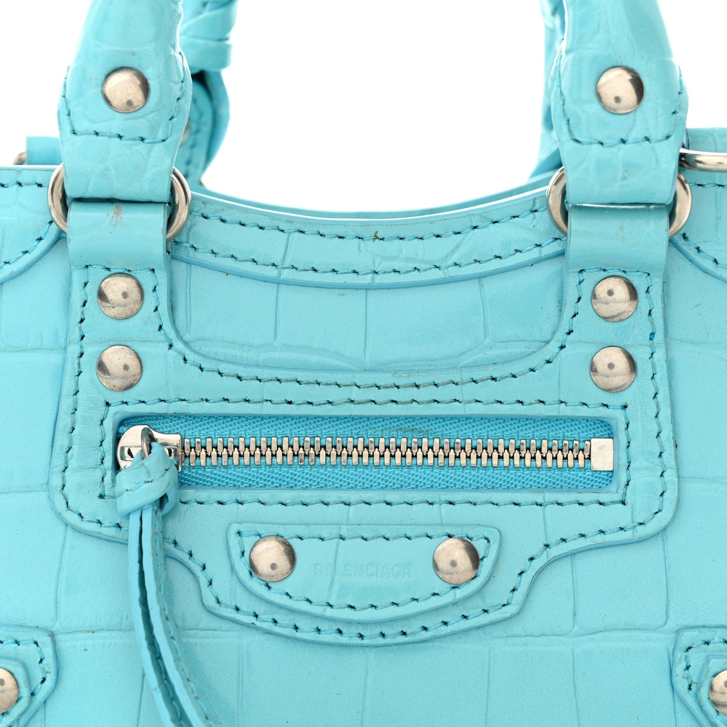 Calfskin Crocodile Embossed Neo Classic Silver Hardware Nano City Crossbody Azur
