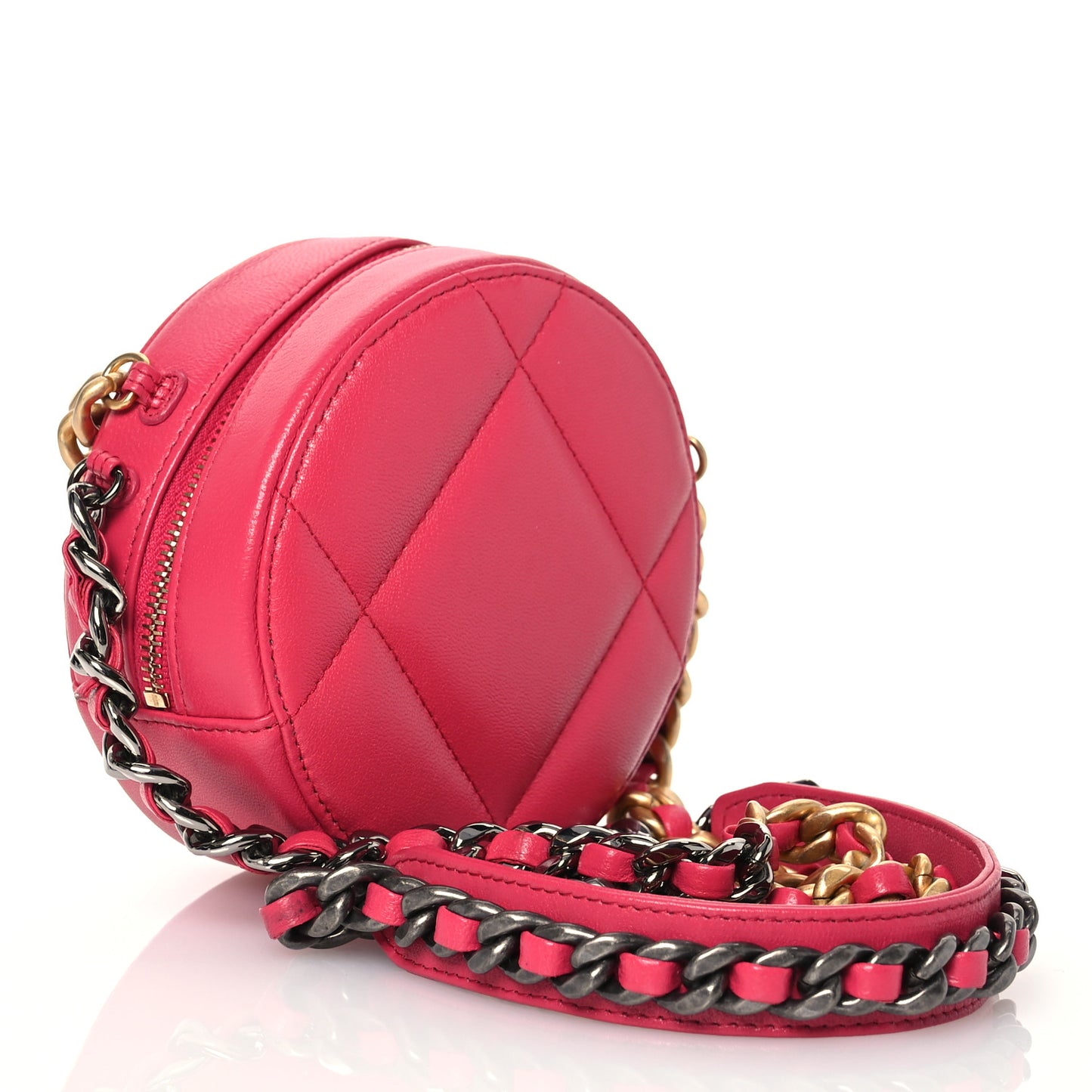 Goatskin Quilted Chanel 19 Round Clutch With Chain Dark Pink