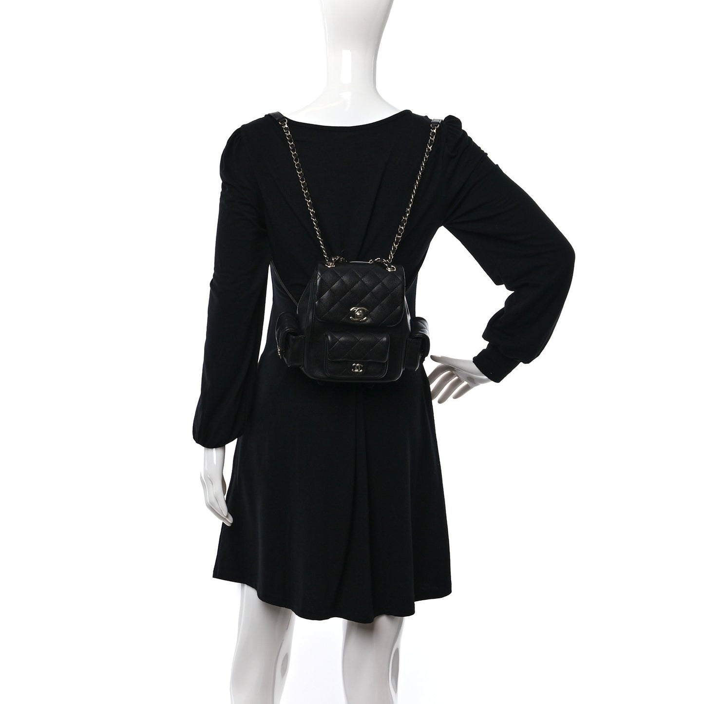 Shiny Caviar Quilted Small Pockets Drawstring Backpack Black
