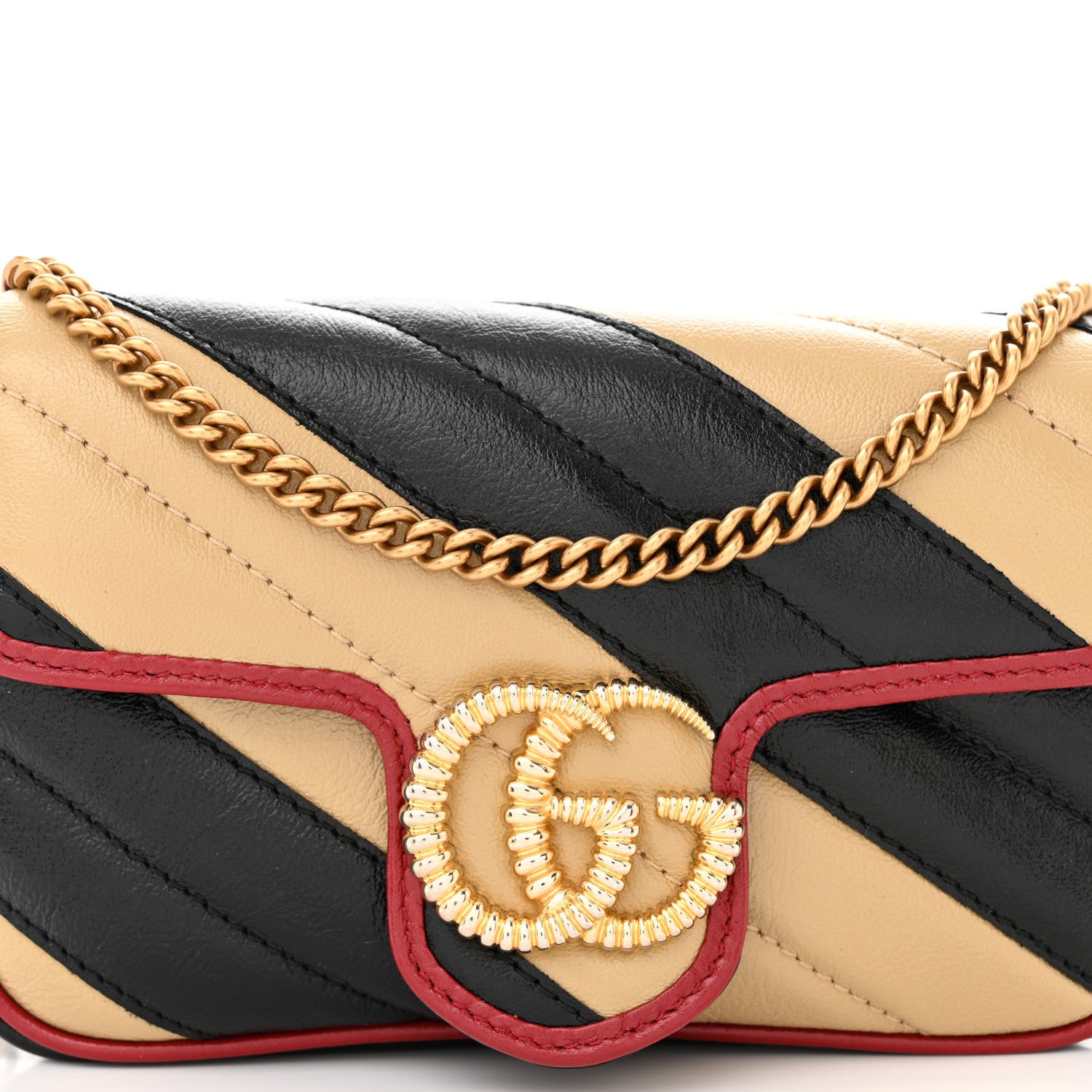 Gucci Vintage Effect Calfskin Matelasse Diagonal Striped Super Mini Torchon GG Marmont Shoulder Bag Black Beige 8 of 13