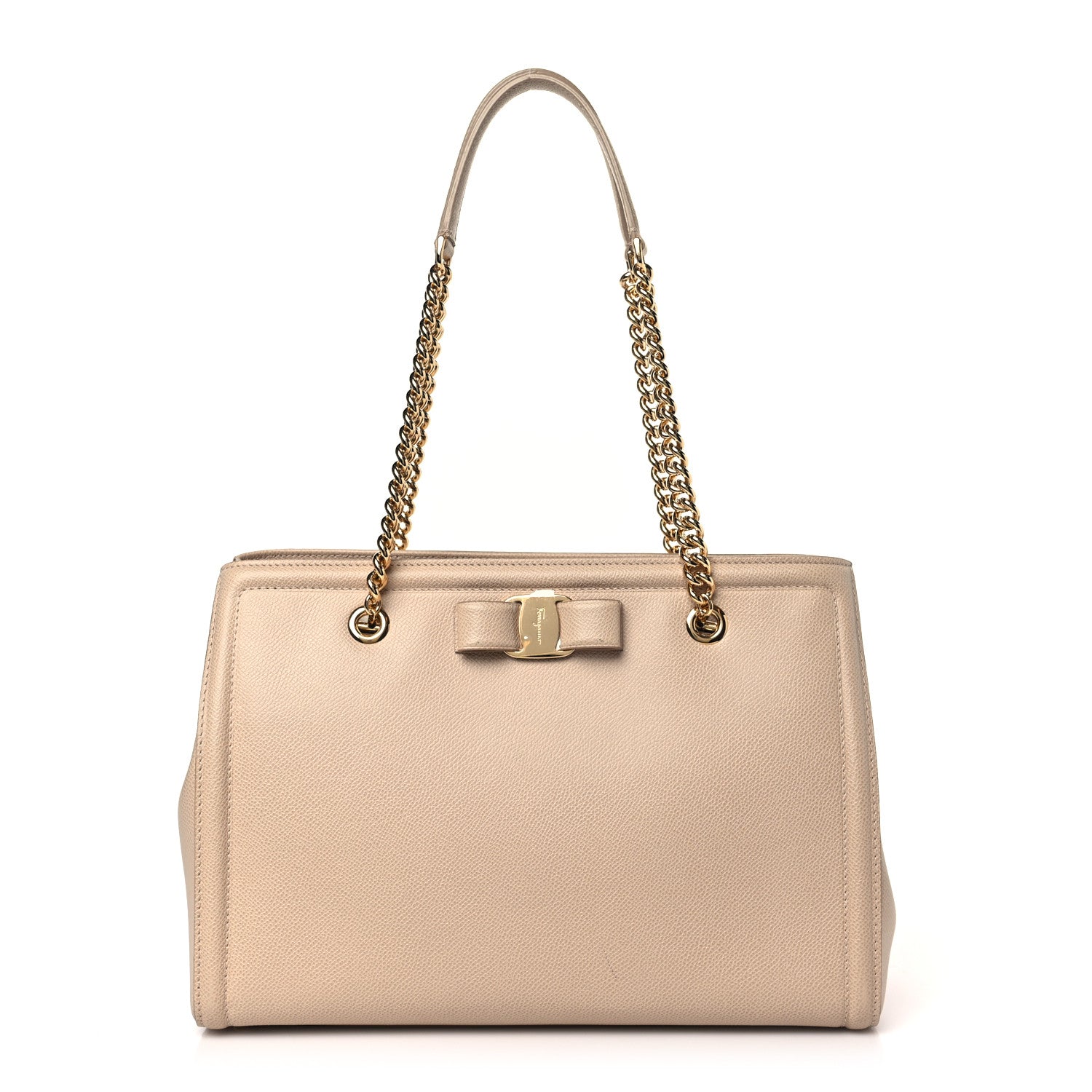 Salvatore Ferragamo Hammered Calfskin Vara Bow Chain Tote Macadamia 1 of 9