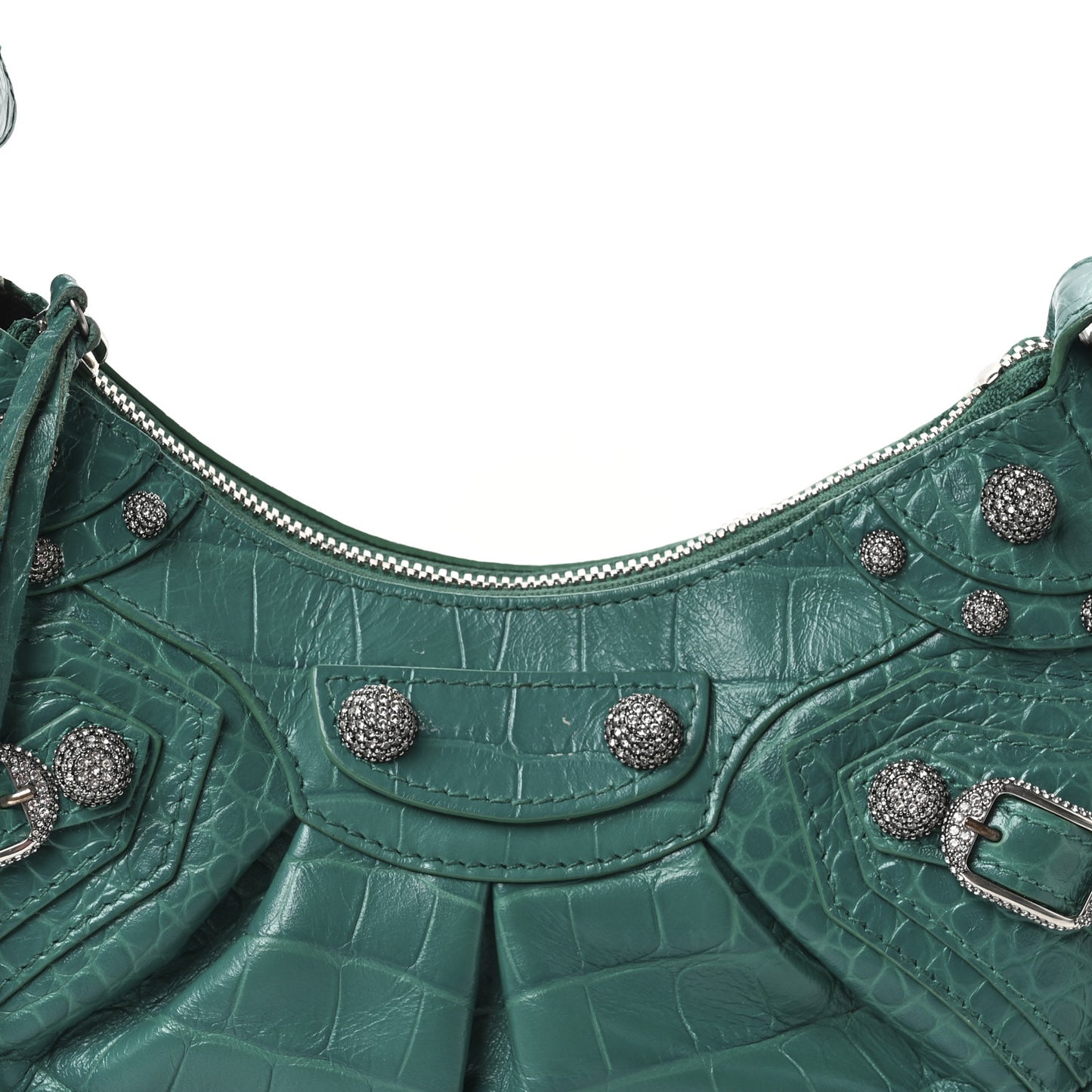 Extra Supple Calfskin Crystal Crocodile Embossed Le Cagole Shoulder Bag XS Jade