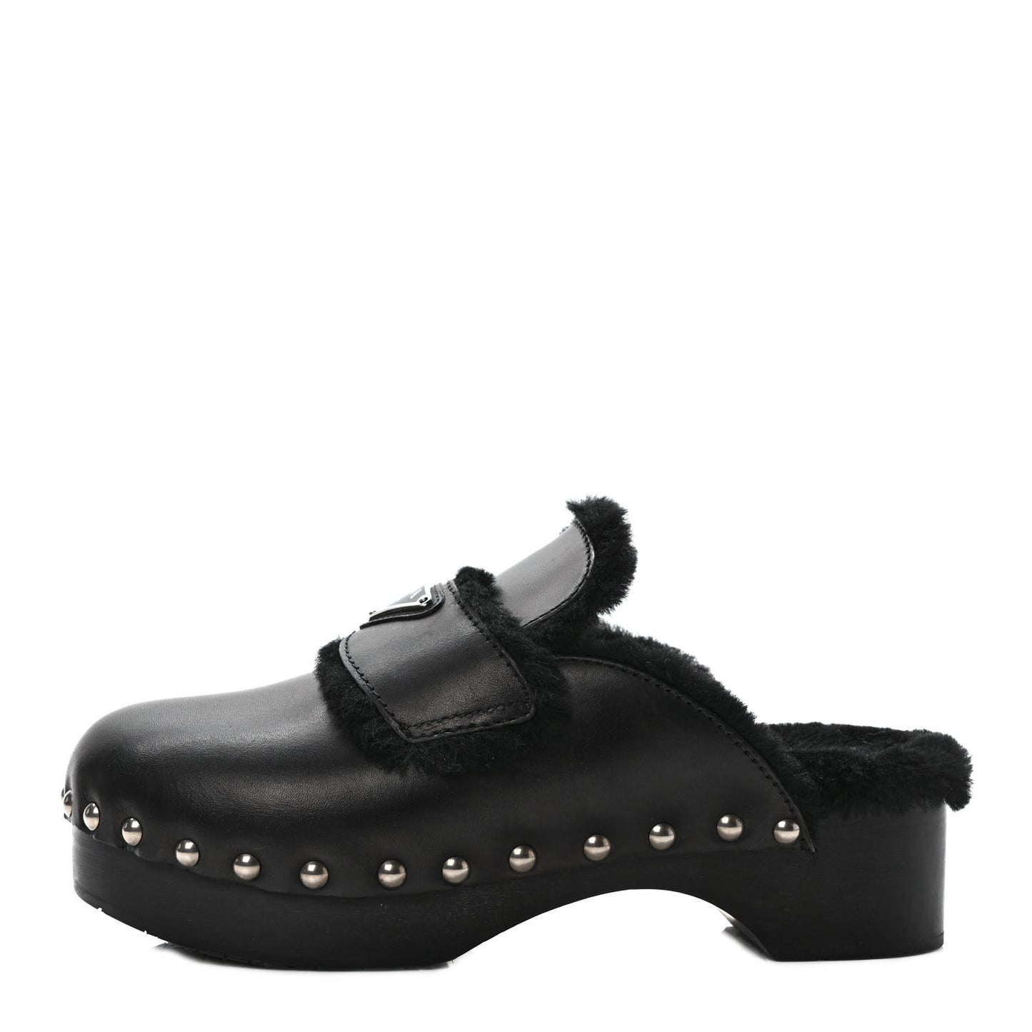 Natural Calfskin Shearling Metal Triangle Logo 45mm Clogs 38 Black
