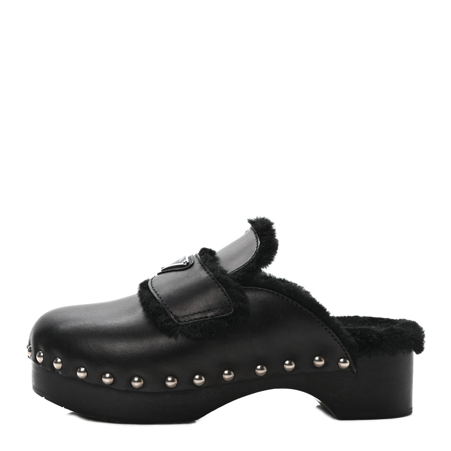 Prada Natural Calfskin Shearling Metal Triangle Logo 45mm Clogs 38 Black 1 of 7