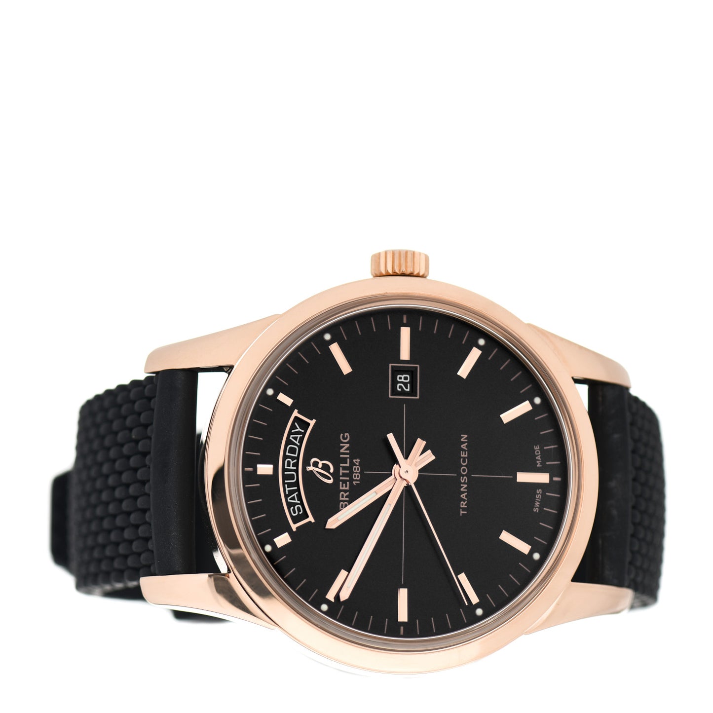 18K Rose Gold Rubber 43mm Transocean Automatic Watch Black R4531012