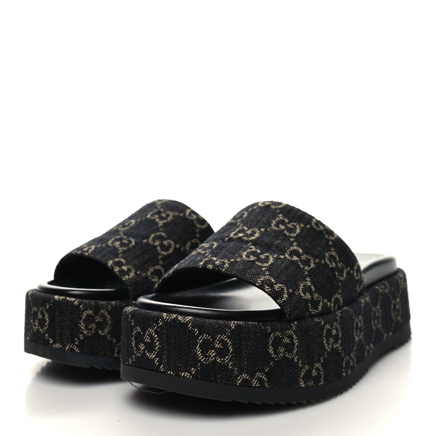 Jacquard Black Denim GG Monogram Angelina Platform 55mm Slide Sandals 36 Black Ivory