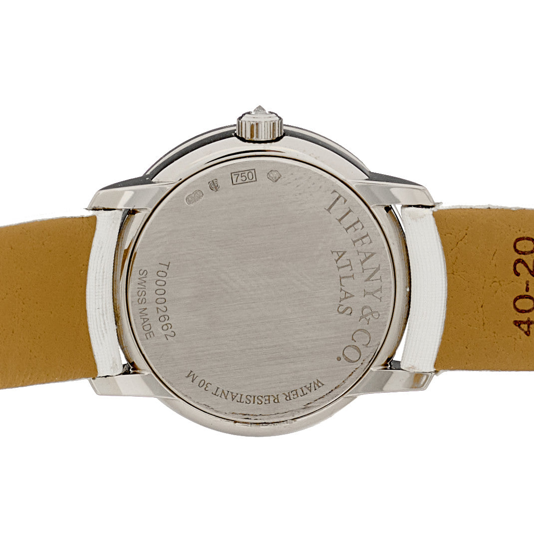 18K White Gold Satin Diamond Mother of Pearl 26mm Atlas Round Cocktail Quartz Watch