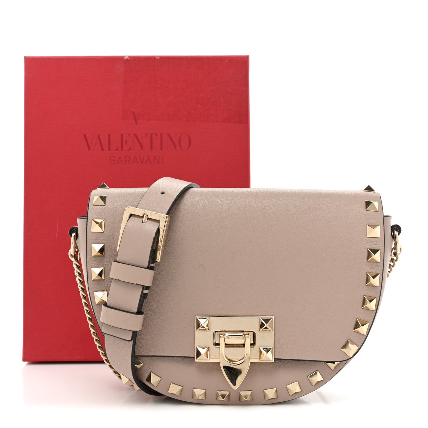 Vitello Rockstud Flip Lock Flap Saddle Crossbody Bag Poudre