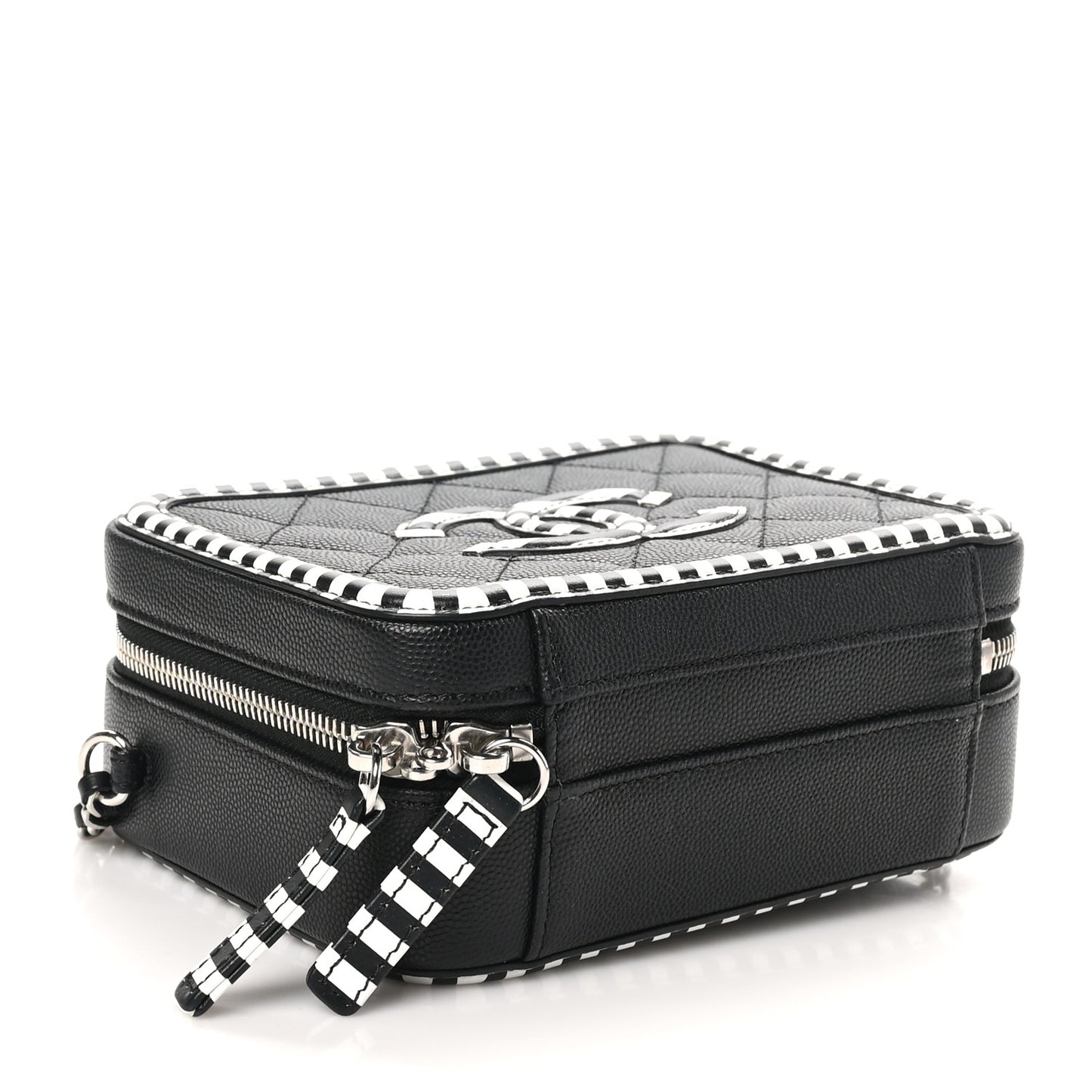 Caviar Quilted Striped Small CC Filigree Vanity Case Black White
