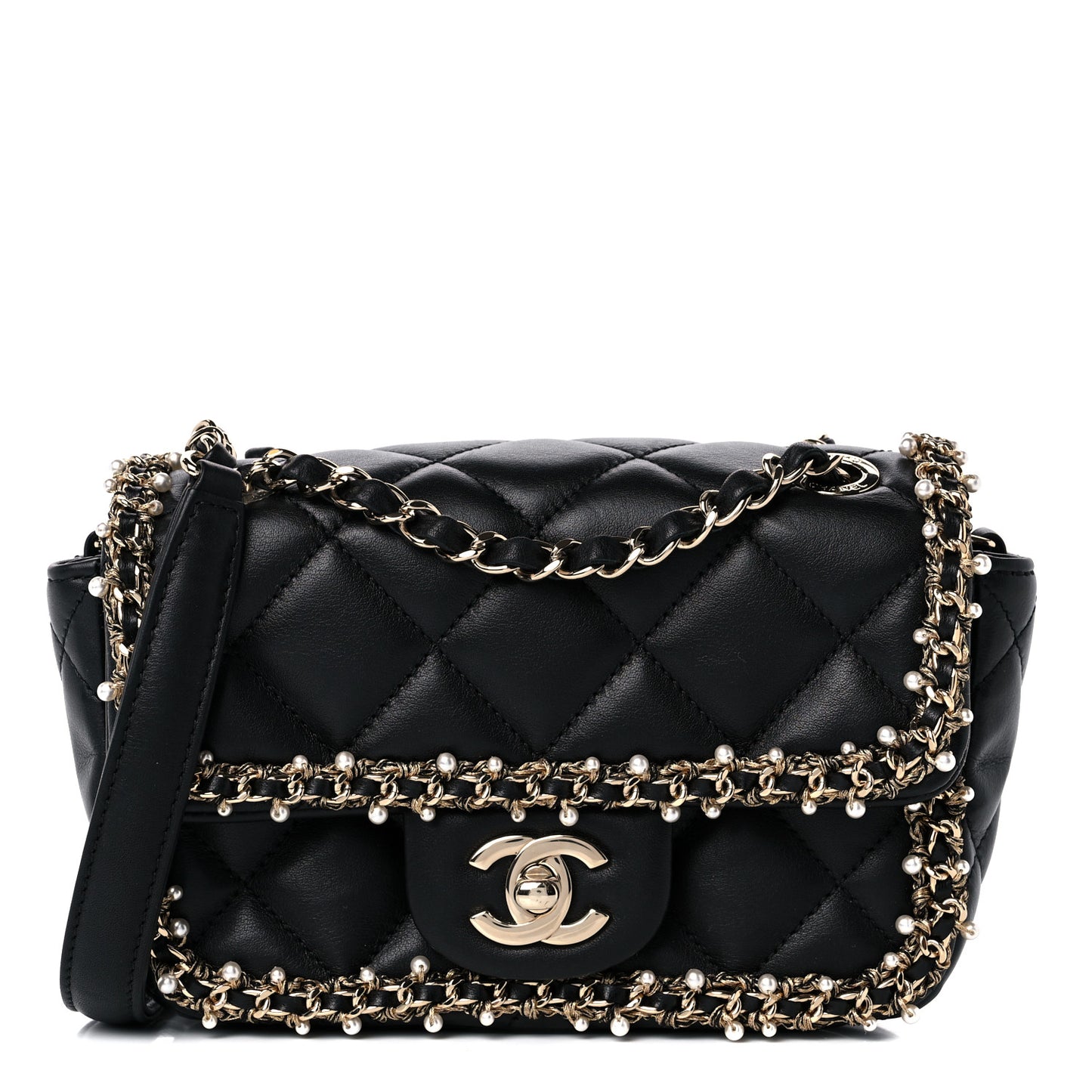 Lambskin Quilted Pearl Edge Mini Rectangular Flap Bag Black