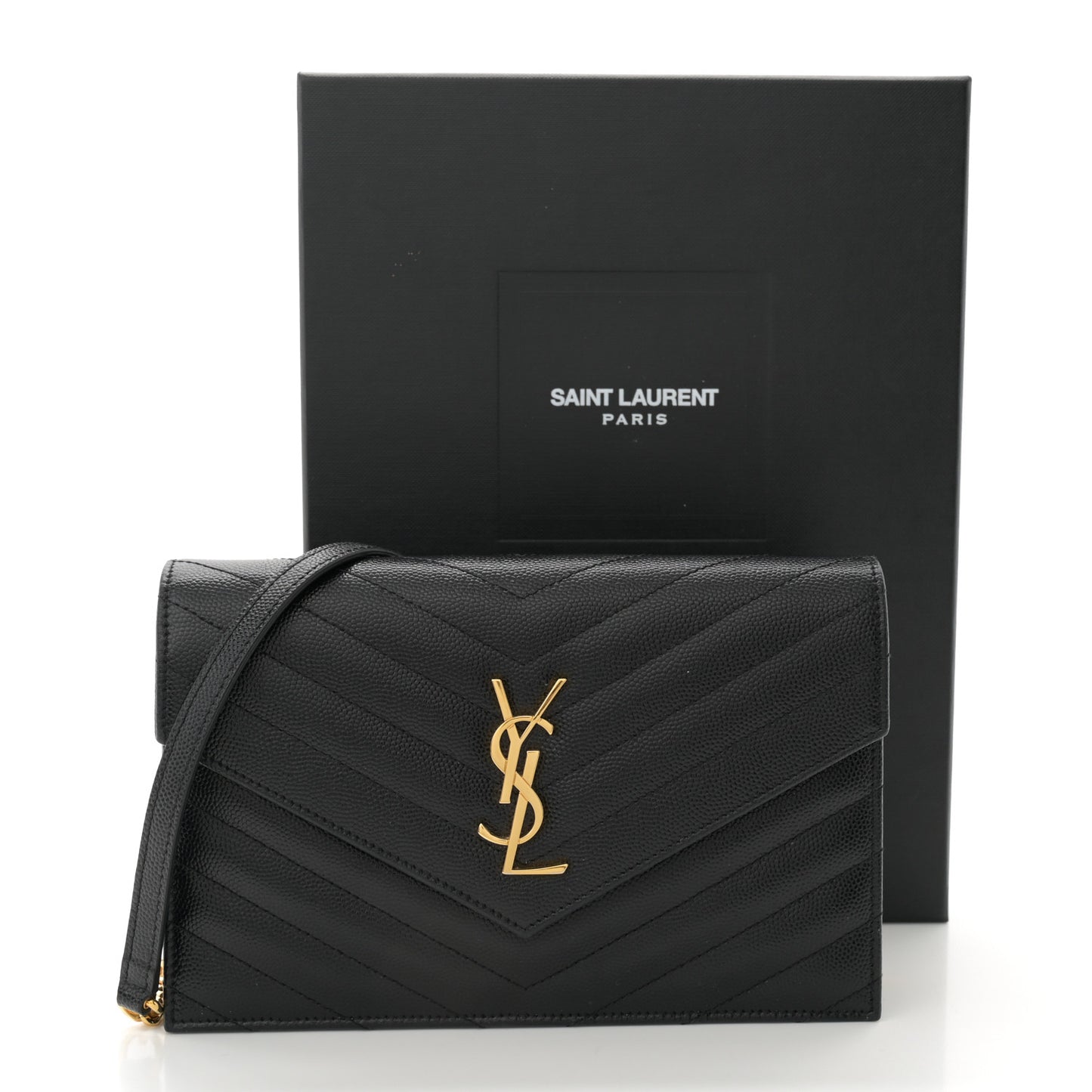 Grain De Poudre Matelasse Chevron Monogram Envelope Chain Wallet Black