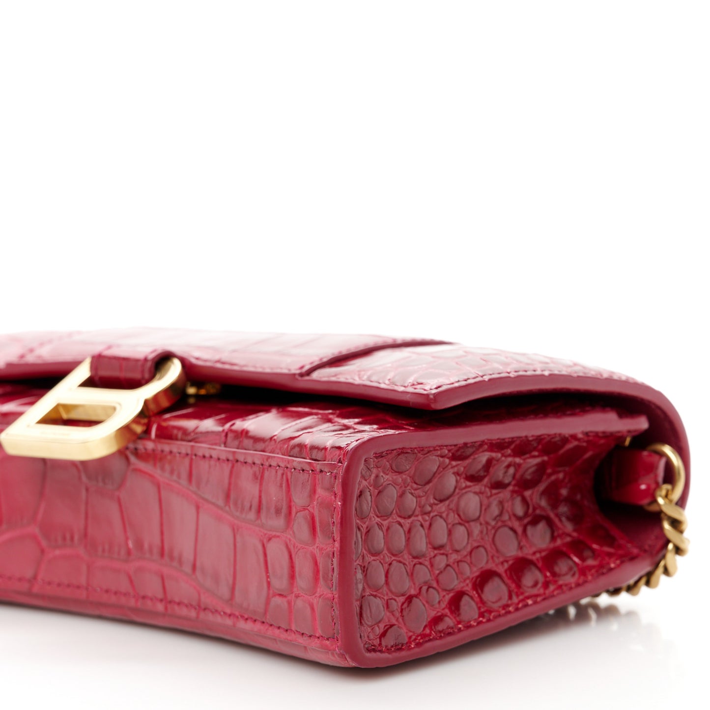 Shiny Calfskin Crocodile Embossed Hourglass Chain Bag Dark Red