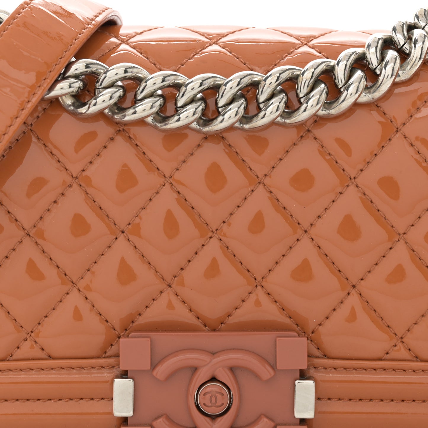Patent Calfskin Quilted Small Plexiglass Boy Flap Orange