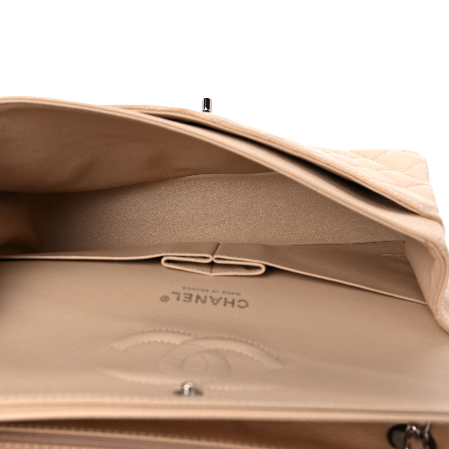 Caviar Quilted Medium Double Flap Beige